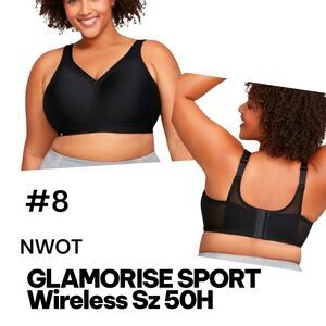 GLAMORISE SPORT Sz 50H NWOT Plus Size MagicLift Black Sports Bra Wireless